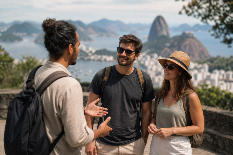 Pesquisa nacional vai mapear perfil e hábitos de turistas em 50 destinos brasileiros Pesquisador conversa com turistas em área de circulação de visitantes em destino brasileiro