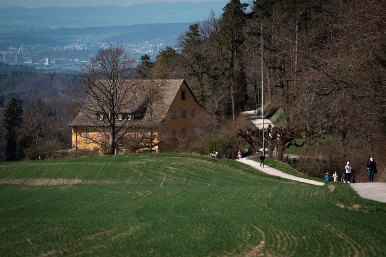 Pessoas caminham por uma trilha em meio a campos e árvores, diante de uma casa em uma paisagem rural.